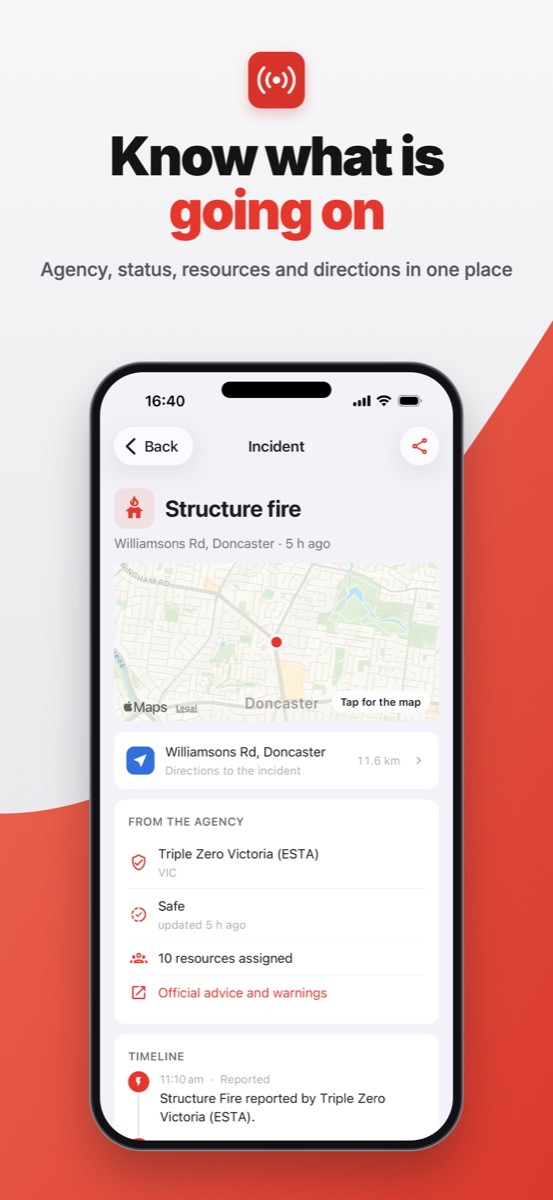Incident details with agency, status and directions