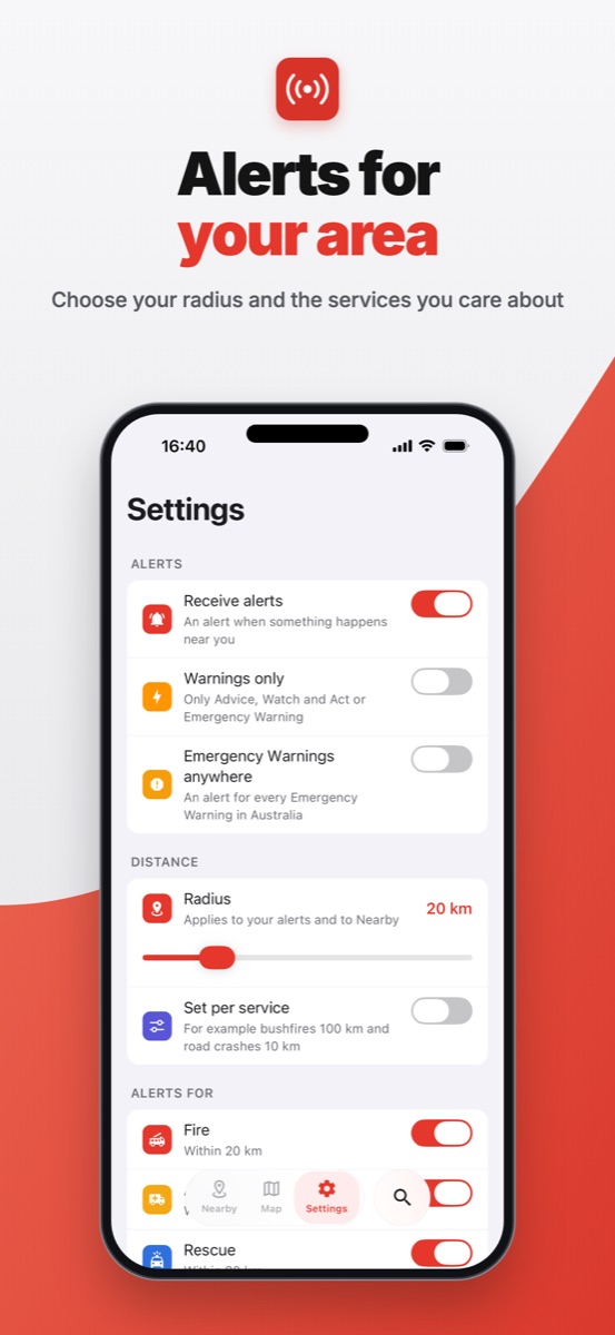 Alert settings with radius per service